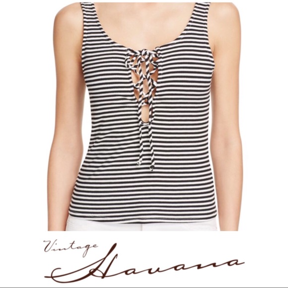Vintage Havana Tops - VINTAGE HAVANA NWT Black and White Striped Lace-Up Tank Top Size Medium